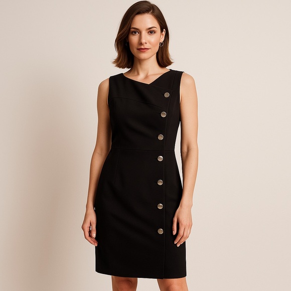 Calvin Klein Black Asymmetrical Button Sheath Dress Women’s Size 14 - Picture 1 of 5